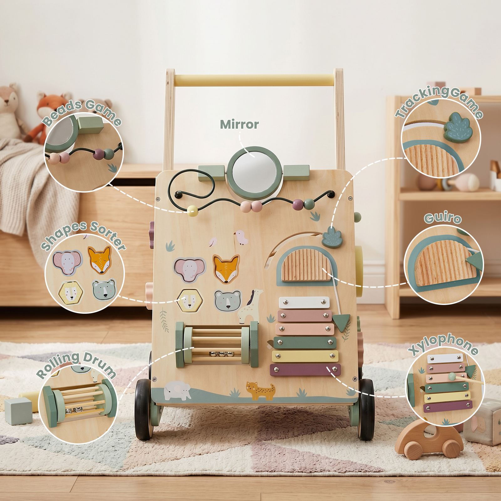 Woodland baby walker activity panel with mirror shape sorter xylophone and rolling drum
